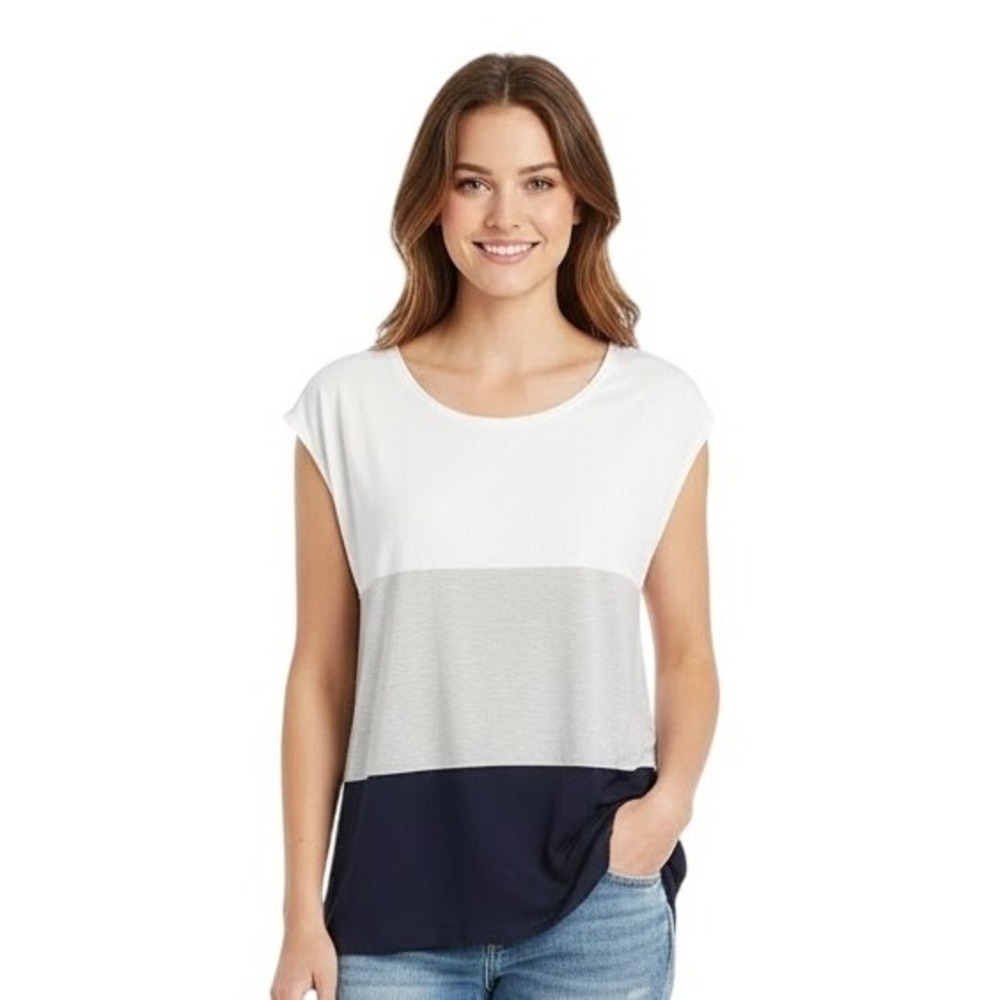 Adrienne Vittadini Collection Colorblock Cotton Short Sleeve Scoop Neck Top S‎